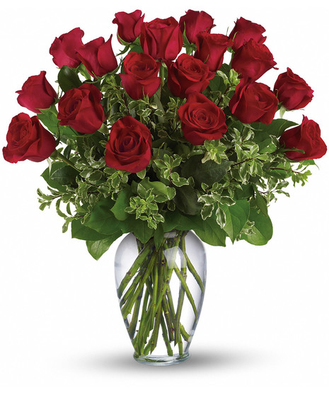 Long-stemmed red roses and greenery in a clear glass vase