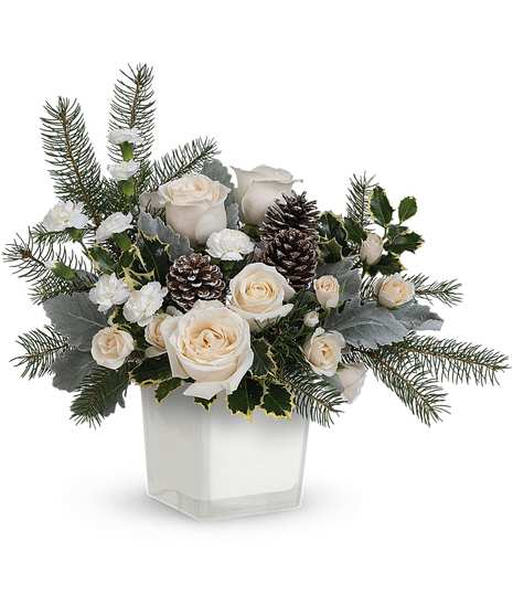 White roses, white spray roses, miniature white carnations and variegated holly are accented with dusty miller, white pine and noble fir.