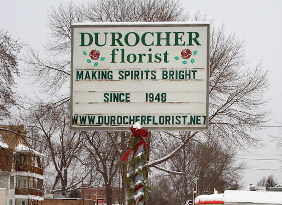 Making Spirits Bright Since 1948, boasts our street sign